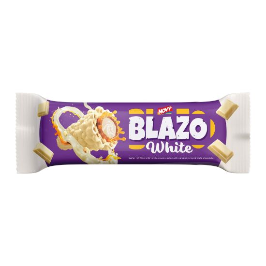 صورة ويفر بليزو وايت المحشو بكريمة الفانيليا ومغطى بالكراميل والشوكولاتة البيضاء